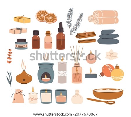 Aromatherapy trendy set with essential oils, candles for spa and massage. Bottles with natural aroma oils, herbs, diffuser, candles, salt, handmade soap and towels for wellness and beauty. Homeopathy 