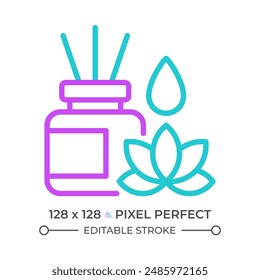 Aromatherapy two color line icon. Drop of essential oil and lotus flower. Relaxation. Home fragrance bicolor outline symbol. Duotone linear pictogram. Isolated illustration. Editable stroke