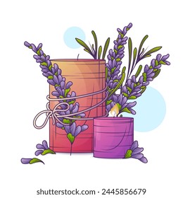 Aromatherapy wax lit candles, cozy home accessory. Composition with scented candles with lavender plants. Isolated vector illustration of decorative burning candlelight with flame.