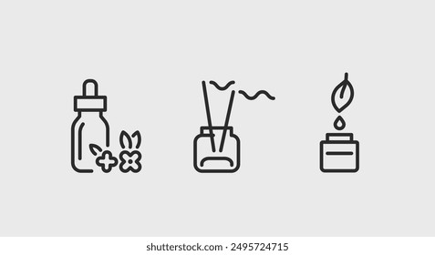 Aromatherapy and wellness icons. Aromatherapy and wellness trendy minimal icons. Reed Diffuser, Scented Candle icon. Design signs for web page, mobile app, packaging design. Vector illustration