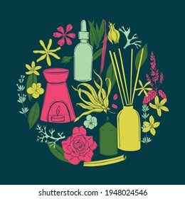 Aromatherapy.Aroma lamp and essential oils.  Plants for perfumery. Vector sketch illustration.