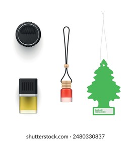 Aromatic accessories for car interior automobile freshener different shape set realistic vector illustration. Flavor auto vehicle perfume breathing cleanse inside transport green spruce can on rope