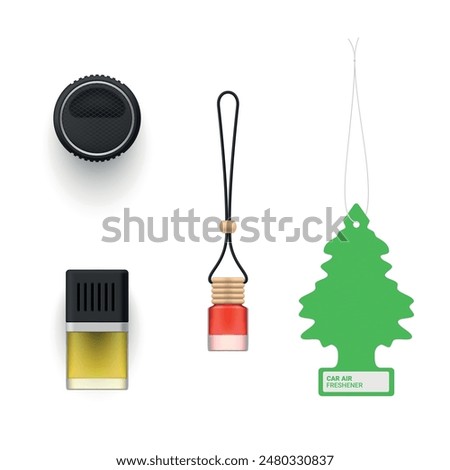 Aromatic accessories for car interior automobile freshener different shape set realistic vector illustration. Flavor auto vehicle perfume breathing cleanse inside transport green spruce can on rope