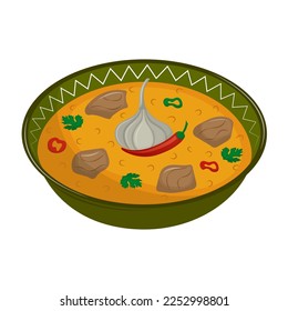 Aromatic Asian pilaf with lamb, rice and spices. Traditional Asian cuisine. Vector illustration. Cartoon.