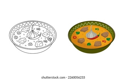 Aromatic Asian pilaf with lamb, rice and spices. 
Kids coloring book for elementary school. Traditional Asian cuisine. Vector illustration. Cartoon.