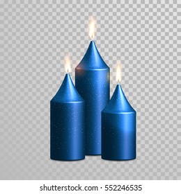 Aromatic blue glossy candles set. Vector 3D realistic isolated decorative candle sticks with burning flames on transparent background. Glittering gold glitter decoration