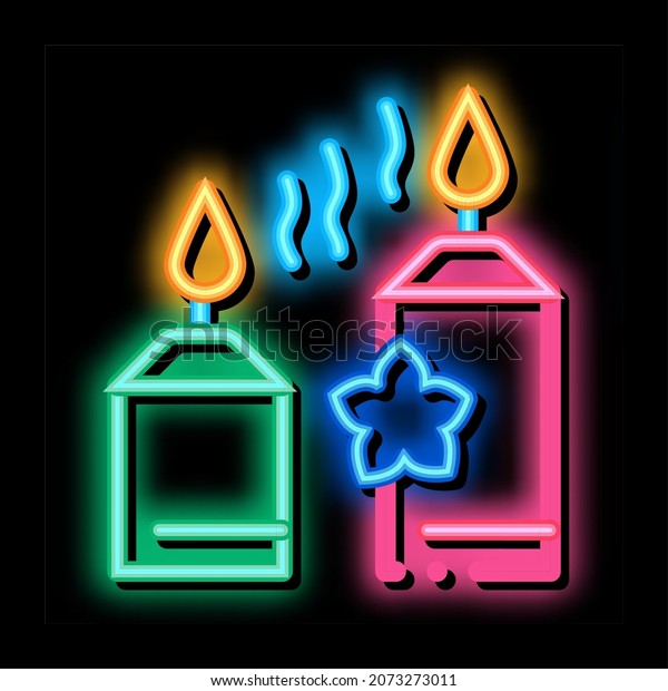aromatic burning candles neon light sign\
vector. Glowing bright icon aromatic burning candles sign.\
transparent symbol\
illustration