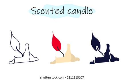 Una aromática vela se quema con fuego. La vela estaba casi extinguida. Aromaterapia. Ilustración vectorial en color, diseño lineal y sólido sobre fondo blanco.