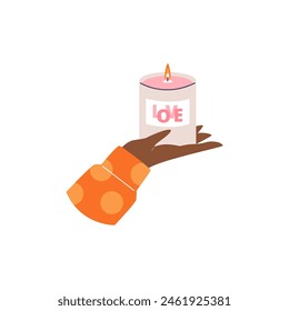 Aromatic candle in hand flat vector illustration. Burning decorative wax candle with love inscription. Relaxation, resting and aromatherapy, lighting in arm isolated on white. Valentine's Day gift