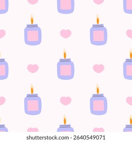 Aromatic Candle and Hearts Seamless Pattern. Simple romantic background with hand drawn cosmetic bottles and love symbols. Repeat vector illustration