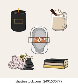 Aromatic candle vector illustration. Ayurveda,spa, wellness and beauty routine concept. Aromatherapy and ralax design elements.Home fragrances,cute hygge home decoration