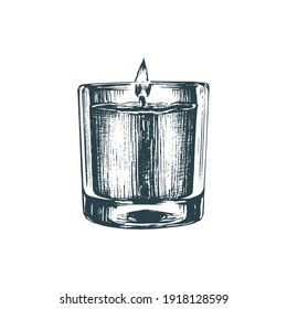 Aromatic candle, vector sketch. Drawn illustration in engraving style. Used for perfume sticker, spa shop label etc.