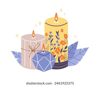 Aromatic candles composition with leaves flat vector illustration. Burning wax candles various shapes and colors, decorated with flowers Relaxation and aromatherapy decorative design element