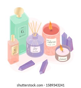 Aromatic candles, diffuser, oil, perfume and amethyst crystals vector illustration set. Ayurveda, spa and wellness concept.Aromatherapy and ralax design elements.Home fragrances, cute hygge home decoration 