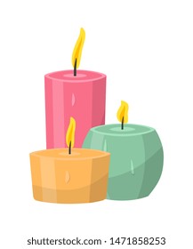 Ilustração vetorial plana de velas aromáticas. Queima de velas decorativas de cera rosa, laranja e azul clipart isolado no fundo branco. Elemento de design de relaxamento, descanso e aromaterapia