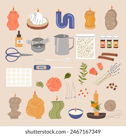 Aromatic candles. Handmade attributes for wax candles production recent vector aromatherapy herbs for handicraft hobbies