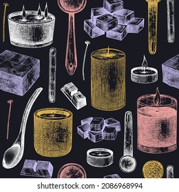 Aromatic candles making kit background. Vector backdrop with candle ingredients, wax and fragrant materials. Seamless pattern for aromatherapy, hygge home or holiday decoration, meditation.