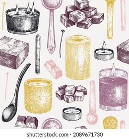 velas aromáticas haciendo fondo del kit. Fondo vectorial con ingredientes de velas, cera y materiales aromáticos. Patrón sin foco para la aromaterapia, decoración de hogar de higos o vacaciones, meditación.