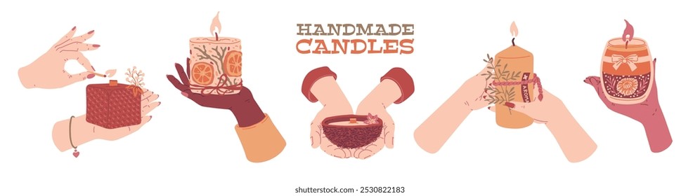 Aromatic candles perfume fragrance in hands flat vector illustration. Burning decorative wax or paraffin candles decorated with rope bow and flowers. Relaxation and aromatherapy. Cozy lighting in arm