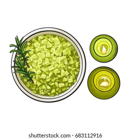 Aromatic candles and salt, spa aromatherapy accessories, top view sketch vector illustration on white background. Realistic top view hand drawing of aromatherapy accessories - salt and round candles