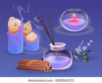 Velas aromáticas establecidas aisladas sobre fondo azul. Ilustración vectorial de dibujos animados de elementos interiores de spa o hogar para relajarse, tarro de vidrio con aceite de aroma, palitos de canela, flores de lavanda, artículos de meditación