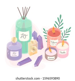 Aromatic candles,deffuser,oil,perfume and amethyst crystals vector illustration set.Ayurveda,spa and wellness concept.Aromatherapy and ralax design elements.Home fragrances,cute hygge home decoration 