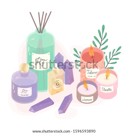 Aromatic candles,deffuser,oil,perfume and amethyst crystals vector illustration set.Ayurveda,spa and wellness concept.Aromatherapy and ralax design elements.Home fragrances,cute hygge home decoration 