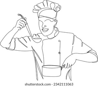 Aromatic Chef's Delight: Ilustración de una línea de dibujo de un experto en cocina, línea continua: Chef en éxtasis por su deliciosa receta