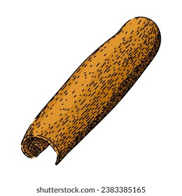 mano de canela aromática dibujada. canela seca, cinamón de palo, boceto vectorial de canela aromática con alimento en polvo. ilustración de color aislado