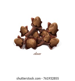 Aromatic cloves in small bunch. Dried not opened buds of tropical tree. Piquant condiment for food with strong smell isolated vector illustration.