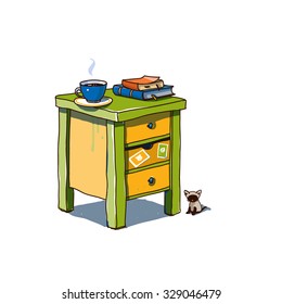 Aromatic coffee, books and kitten hiding behind cupboard. Vector sketch on white background.