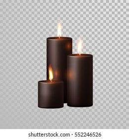 Aromatic coffee brown or black candles set. Vector 3D realistic isolated decorative candle sticks with burning flames on transparent background. Decoration round cylindrical element design