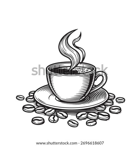 Aromatic coffee cup with steam and coffee beans isolated on white background, engraving style