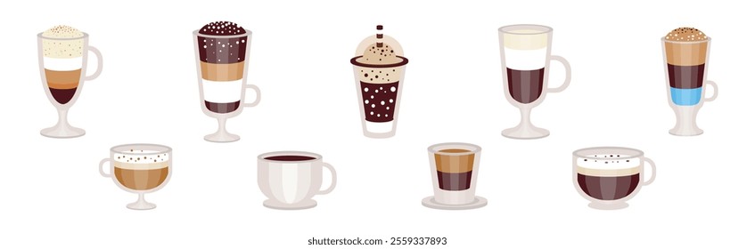 Aromatic Coffee Drink Type Poured in Cup Vector Set