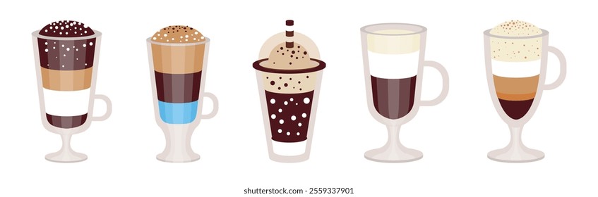 Aromatic Coffee Drink Type Poured in Cup Vector Set