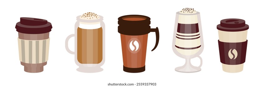 Aromatic Coffee Drink Type Poured in Cup Vector Set