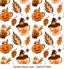 Aromatic coffee in funny pumpkin cups. Autumn mood. Seamless pattern. Vector.