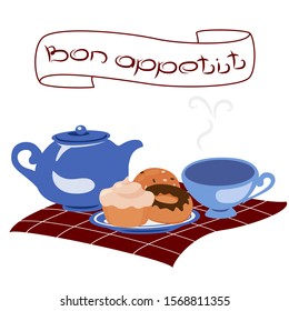 Aromatic coffee, tea with pastry. Hot breakfast with baked goods. Vector illustration. Menu, banner, signboard, frame, emblem, advertisement, label,