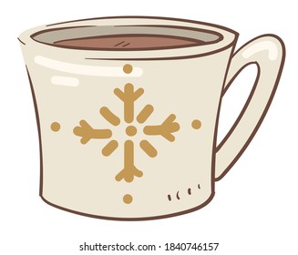 Aromatischer Kaffee oder Tee, der in Tasse mit Schneeflocken eingegossen wird. Einziger Schlamm mit heißem Getränk. Köstliches Getränk mit Zimt und Kräutern oder Koffein. Neues Jahr und Weihnachten. Vektorgrafik im Flachstil