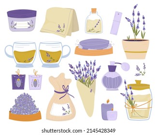 Aromatic and cosmetic products lavender oil set.  Bunch of flowers, Textile sachet. Aromatherapy and comfort. Cute hygge home decoration. Flat vector illustration isolated on white background