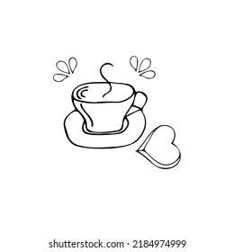aromatic cup of tea, coffee with cake, outline illustration