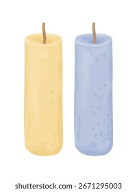 Velas amarillas y azules decorativas aromáticas del interior. Producto artesanal casero de Ilustración vectorial plana.