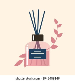 aromatic diffuser sticks with leaves. flat vector illustration of pink cosmetics bottle