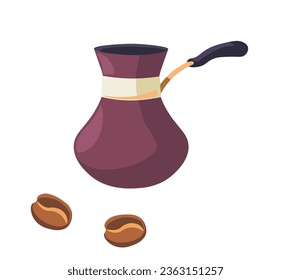 Aromatic drink for coffee lovers, isolated cezve with beans. Tasty and delicious beverage for breakfast or lunch, Turkish drink in cafe, aroma liquid with roasted flavor. Vector in flat style