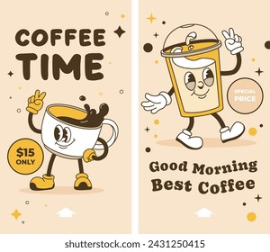 Aromatic flavorful brewed beverages for special price, coffee time. Taste of freshly grounded caffeine drink for energy boost in morning. Promotional banner or advertising. Vector in flat style