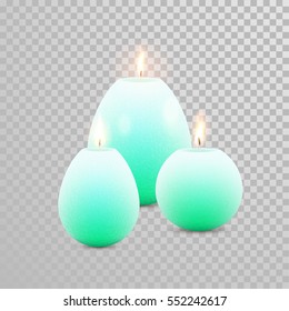 Aromatic green candles. Vector 3D realistic burning blue candle set with flames. Isolated round cylindrical shape candle on transparent background. Wedding, birthday decoration element design