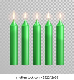 Aromatic green candles. Vector 3D realistic burning blue candle set with flames. Isolated round cylindrical shape candle on transparent background. Wedding, birthday decoration element design