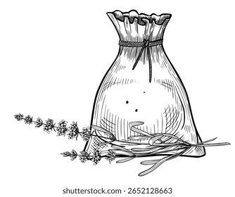 Sachet de erva aromática com flores e hastes lavanda mão desenhada em estilo vintage contorno. Ilustração vetorial linear com saco e plantas para remédios naturais, aromas calmantes ou embalagem de ervas.