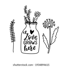 Aromatic Herbal In Mason Jar. Love Grows Here. Mason Jar With Wildflowers. Aromatherapy Doodle Hand Drawn Illustrations Set. Selfcare, Mental Health Wellness. Mothers Day Greeting Card Vector Element