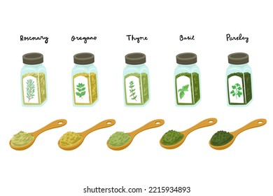 aromatic herbs of italian seasoning in bottles